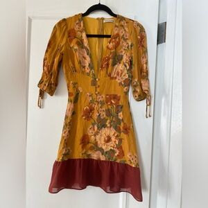 REFORMATION Orange Floral Short Sleeve Plunge Mini Dress